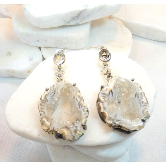 Natural Geode Slice Quartz Druzy Herkimer Diamond Sterling Silver Earrings - Picture 3 of 8